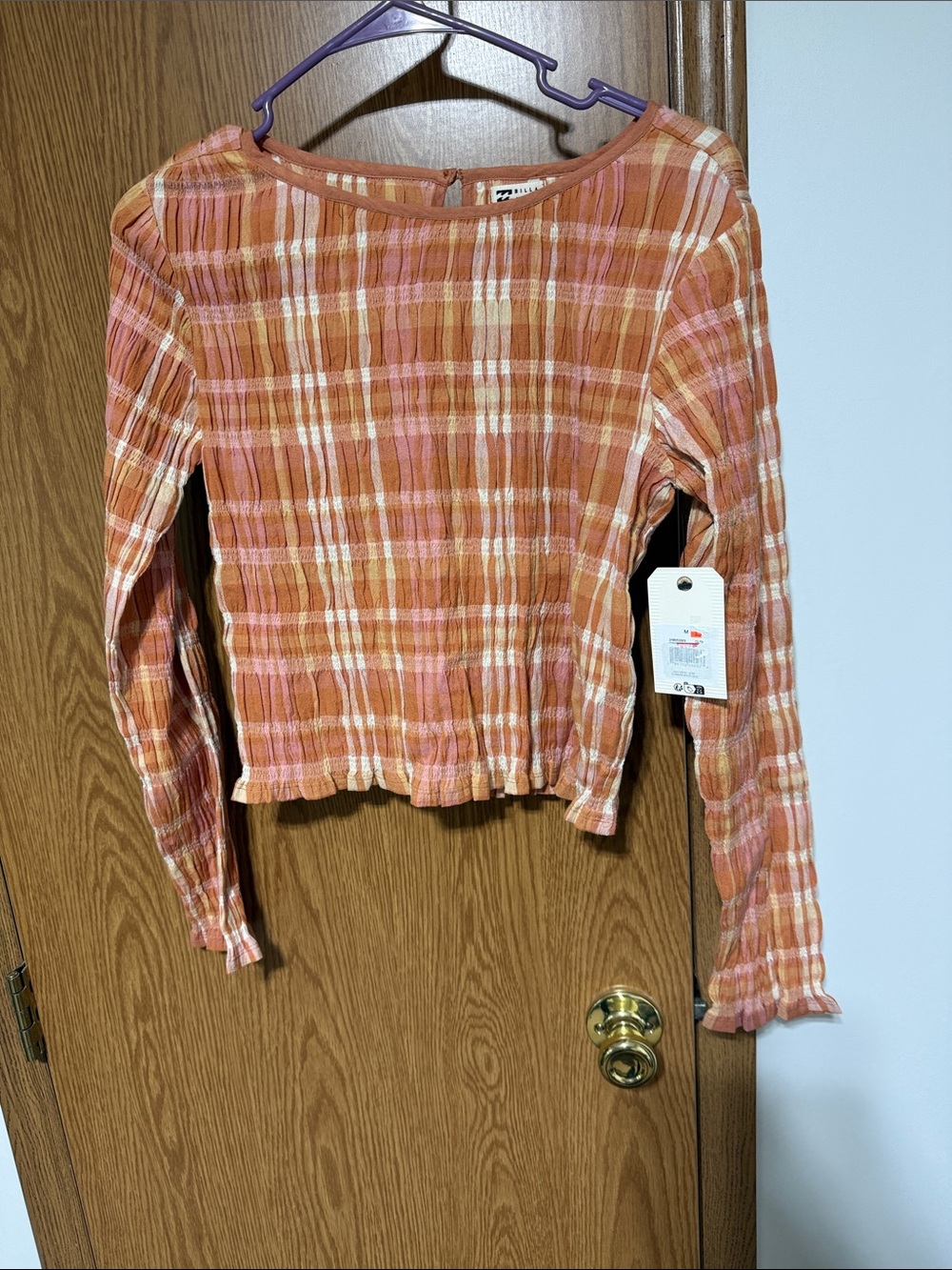 Billabong Orange and Pink Plaid Long-Sleeve Top